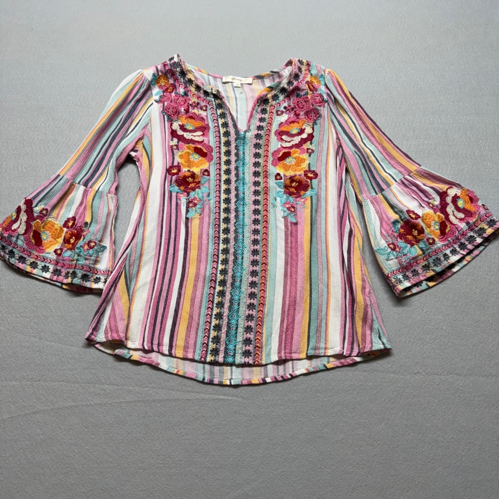 Andree by Unit Embroidered Striped Bell Sleeve Boho Blouse Pink Multi Small